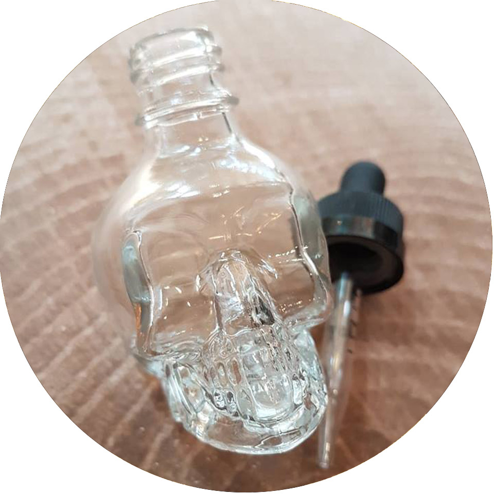 Clear glass skull bottle with dropper 30ml